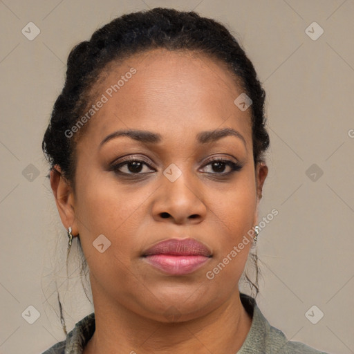 Joyful black young-adult female with medium  brown hair and brown eyes