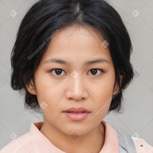 Neutral asian young-adult female with medium  black hair and brown eyes