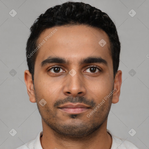Neutral latino young-adult male with short  black hair and brown eyes
