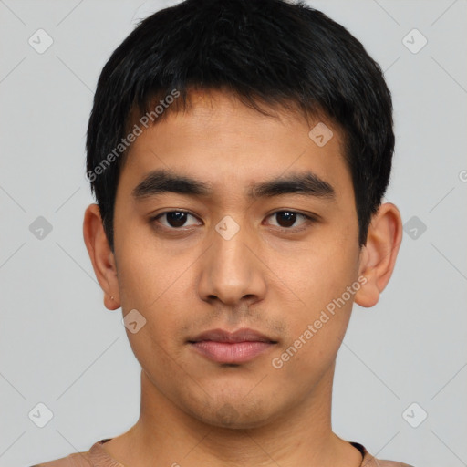 Neutral asian young-adult male with short  black hair and brown eyes