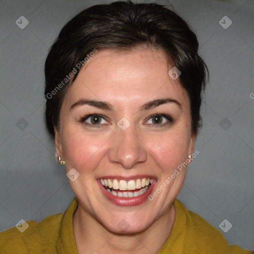 Joyful white young-adult female with medium  brown hair and brown eyes