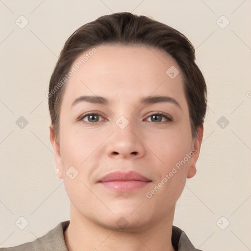 Neutral white young-adult female with short  brown hair and brown eyes