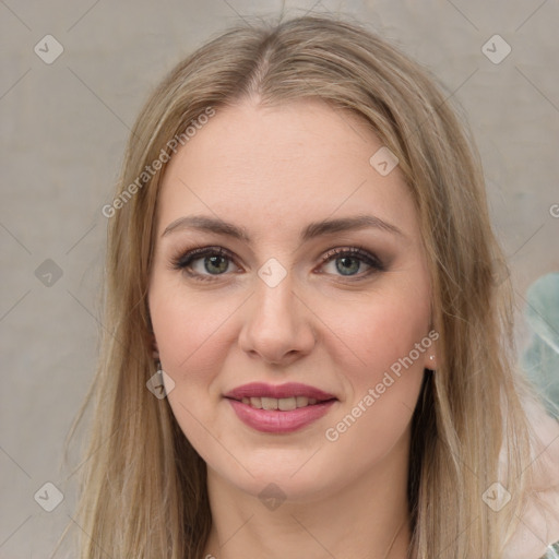 Joyful white young-adult female with long  brown hair and green eyes