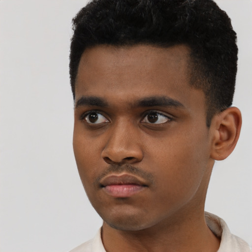 Neutral black young-adult male with short  black hair and brown eyes