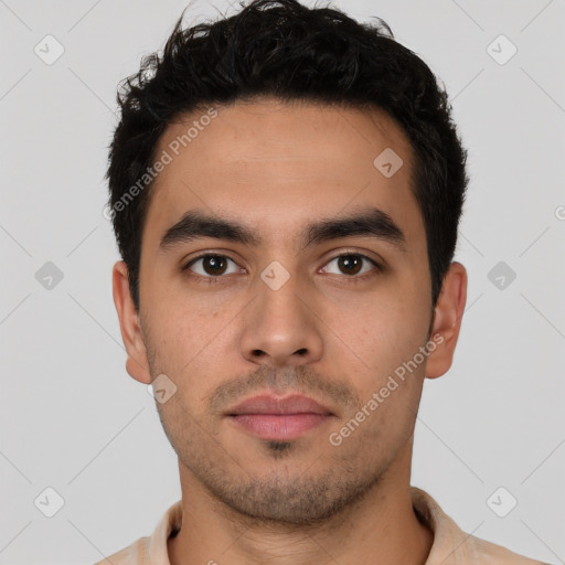 Neutral latino young-adult male with short  black hair and brown eyes