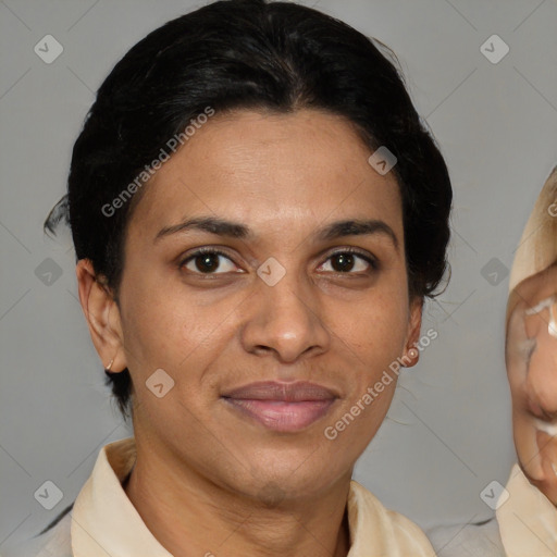 Joyful latino adult female with short  brown hair and brown eyes