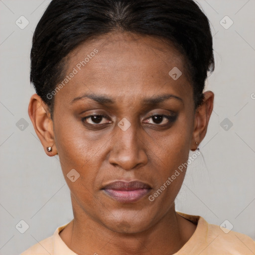 Joyful black adult female with short  brown hair and brown eyes