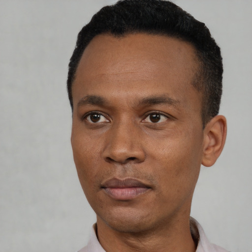 Joyful black young-adult male with short  black hair and brown eyes