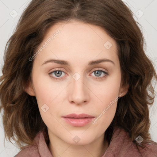 Neutral white young-adult female with medium  brown hair and blue eyes