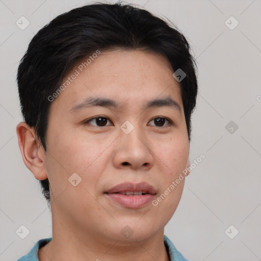 Joyful asian young-adult male with short  brown hair and brown eyes