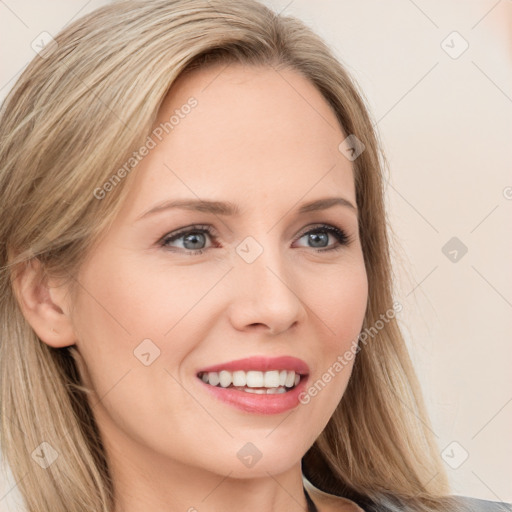 Joyful white young-adult female with long  brown hair and blue eyes