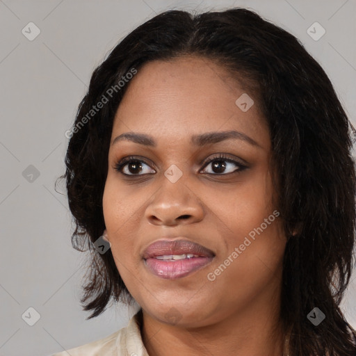 Joyful black young-adult female with medium  black hair and brown eyes