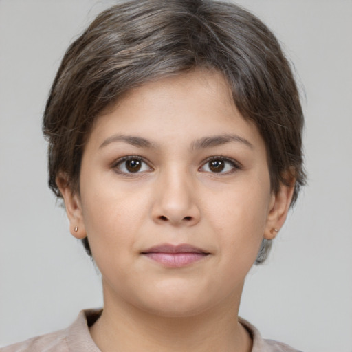 Neutral white young-adult female with short  brown hair and brown eyes