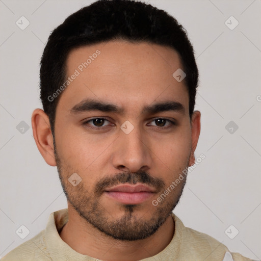 Neutral latino young-adult male with short  black hair and brown eyes