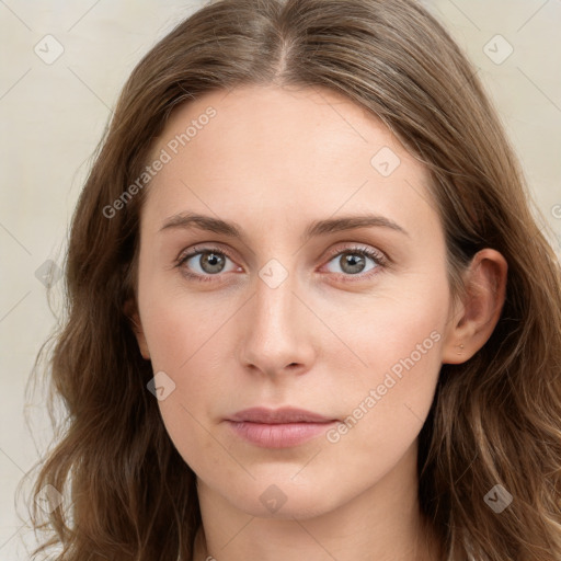 Neutral white young-adult female with long  brown hair and blue eyes