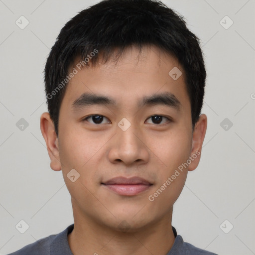 Neutral asian young-adult male with short  brown hair and brown eyes