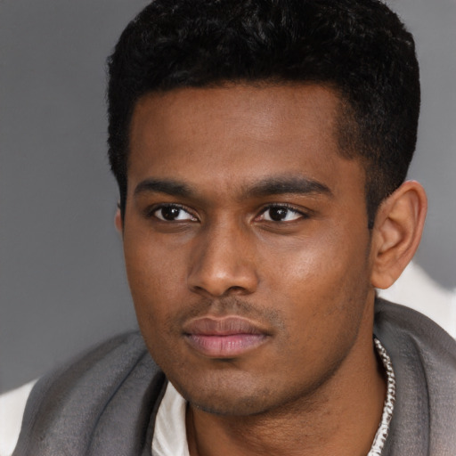 Neutral black young-adult male with short  black hair and brown eyes