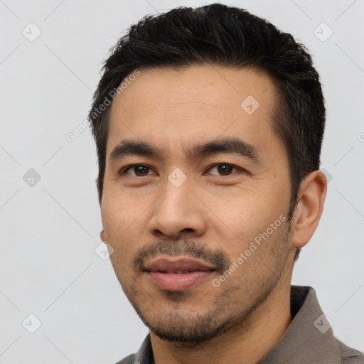 Neutral asian young-adult male with short  black hair and brown eyes