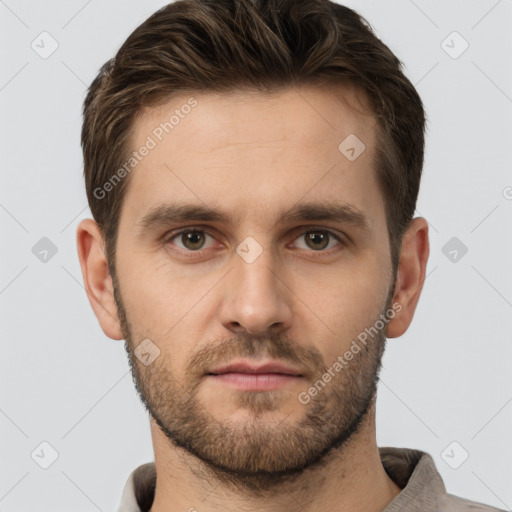 Neutral white young-adult male with short  brown hair and brown eyes