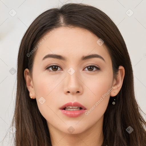 Neutral white young-adult female with long  brown hair and brown eyes