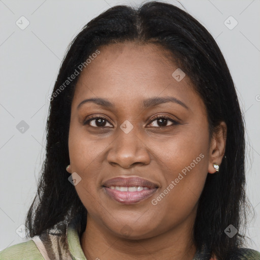 Joyful latino young-adult female with medium  brown hair and brown eyes