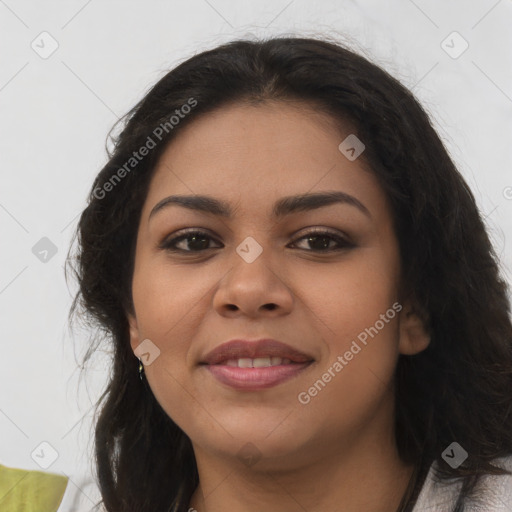 Joyful latino young-adult female with long  brown hair and brown eyes