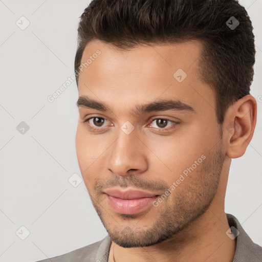 Neutral white young-adult male with short  brown hair and brown eyes