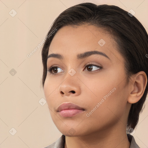 Neutral white young-adult female with medium  brown hair and brown eyes