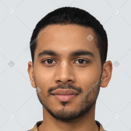 Neutral latino young-adult male with short  black hair and brown eyes