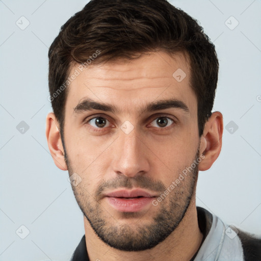 Neutral white young-adult male with short  brown hair and brown eyes