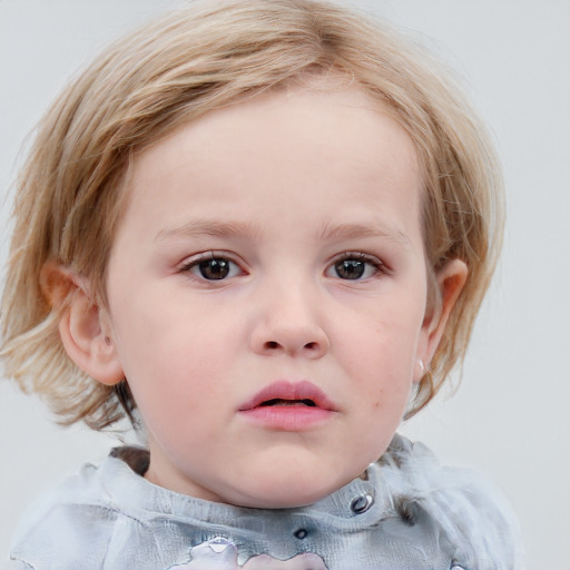 Neutral white child female with medium  brown hair and blue eyes