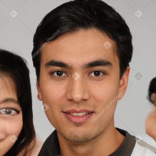 Joyful white young-adult male with medium  brown hair and brown eyes