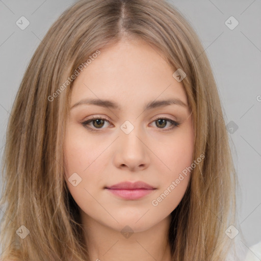 Neutral white young-adult female with long  brown hair and brown eyes