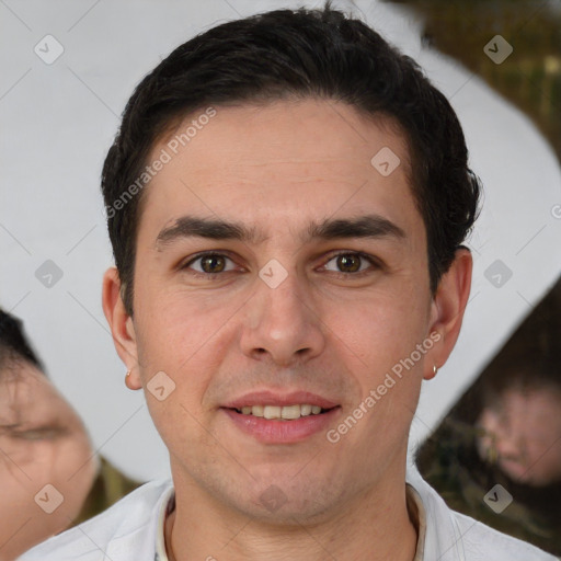 Joyful white young-adult male with short  brown hair and brown eyes