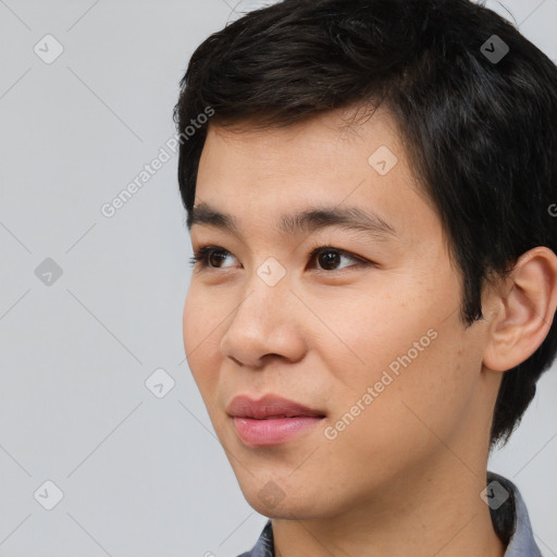 Neutral asian young-adult male with short  black hair and brown eyes