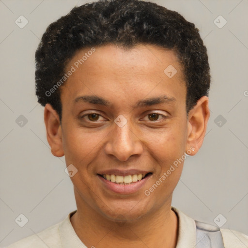 Joyful latino young-adult male with short  brown hair and brown eyes