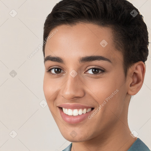 Joyful white young-adult female with short  brown hair and brown eyes