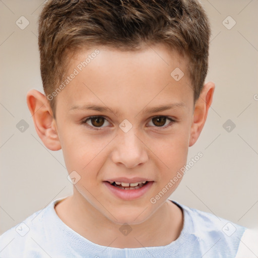 Joyful white child male with short  brown hair and brown eyes