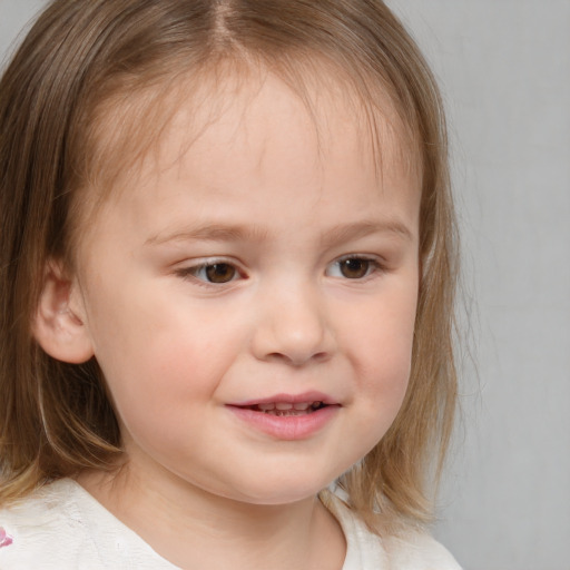 Joyful white child female with medium  blond hair and brown eyes