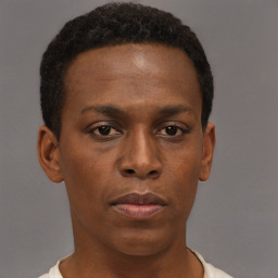 Neutral black young-adult male with short  brown hair and brown eyes