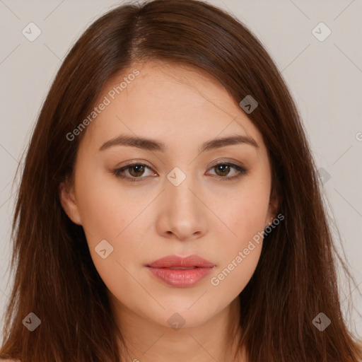 Neutral white young-adult female with long  brown hair and brown eyes