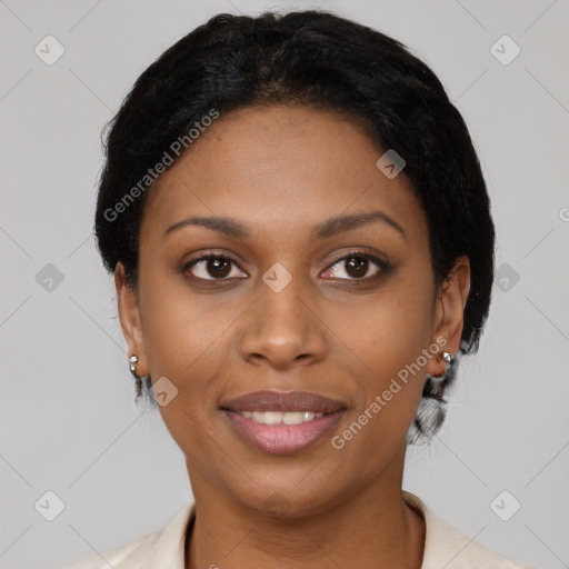 Joyful latino young-adult female with short  black hair and brown eyes