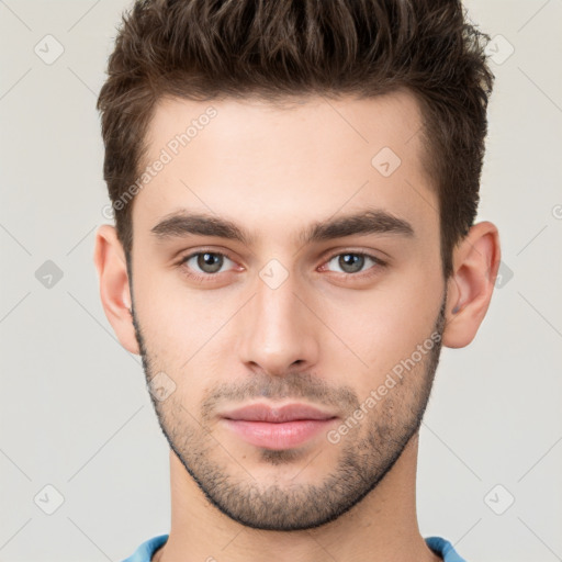 Neutral white young-adult male with short  brown hair and brown eyes