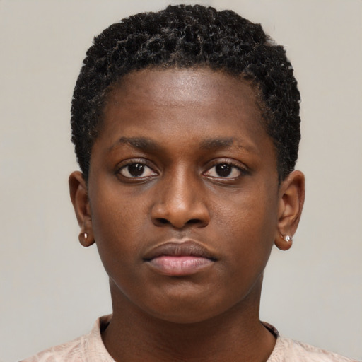 Neutral black young-adult female with short  brown hair and brown eyes