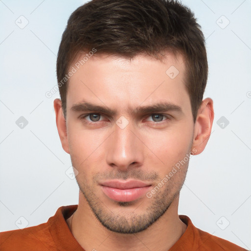 Neutral white young-adult male with short  brown hair and brown eyes