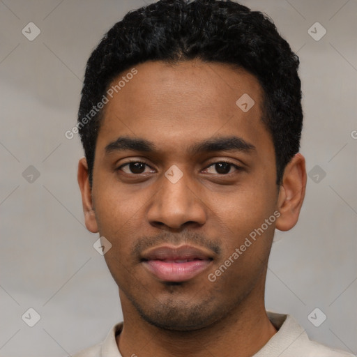 Neutral latino young-adult male with short  black hair and brown eyes