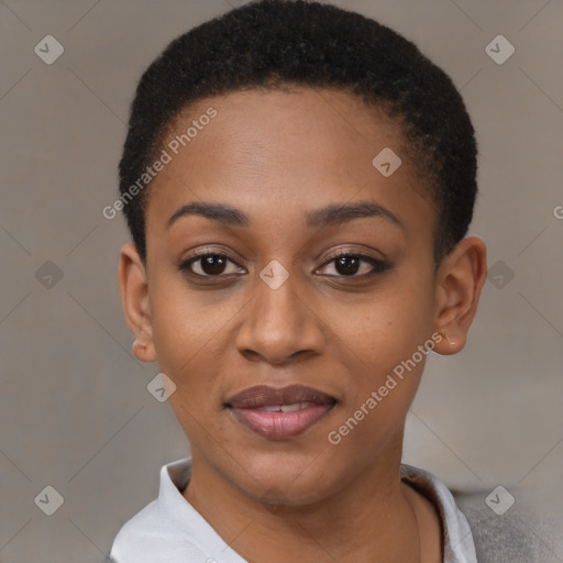 Joyful black young-adult female with short  black hair and brown eyes