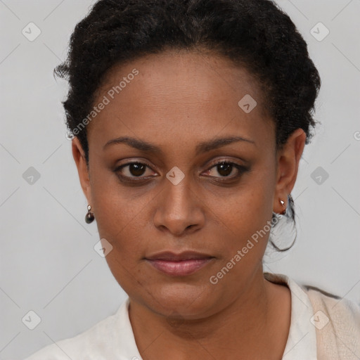 Neutral black young-adult female with short  brown hair and brown eyes