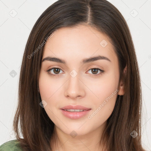 Neutral white young-adult female with long  brown hair and brown eyes