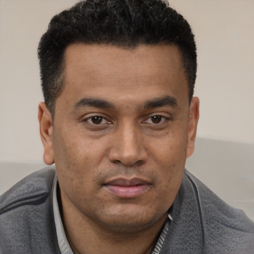Joyful latino young-adult male with short  brown hair and brown eyes